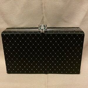 Vintage Kenneth Jay Lane Black Satin Green Eyed Leopard Closure Box Purse